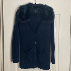Banana Republic Faux Fur Collar Cardigan Sweater, Navy,Size S